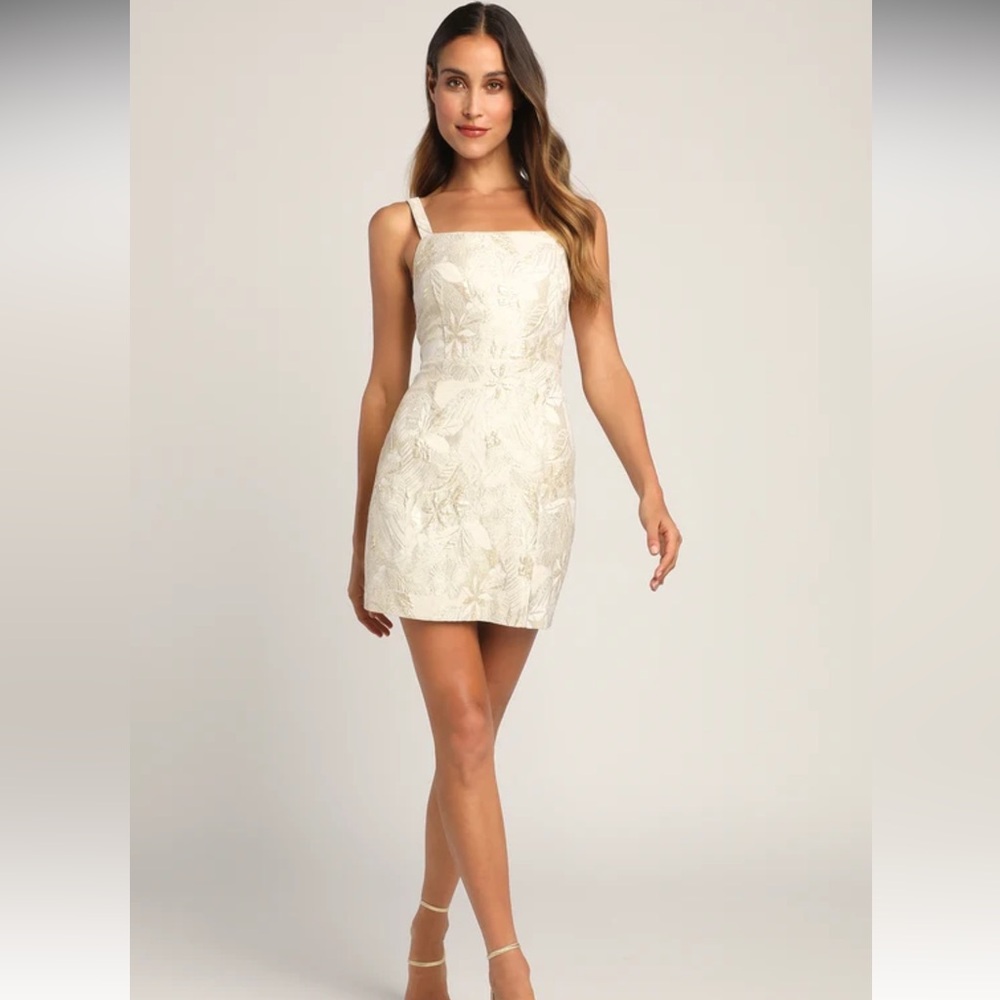 Shine for Us Cream Metallic Tropical Jacquard Mini Dress
